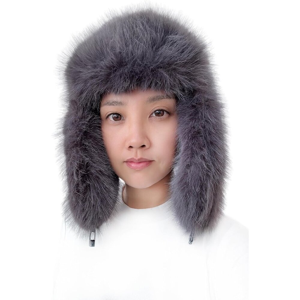 Women's Dark Grey Faux Fur Ski Trooper Winter With Earflap Classic Ushanka Cap